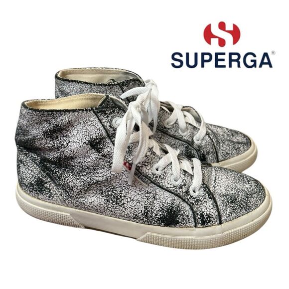 SUPERGA Black White Crackled Leather Hi / Mid Lace-up Sneakers 7 - Picture 1 of 6